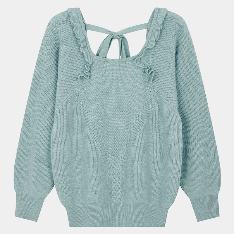 ML2216 Back Hollow Bubble Sleeve Stickad Jumper Pullover Tröja