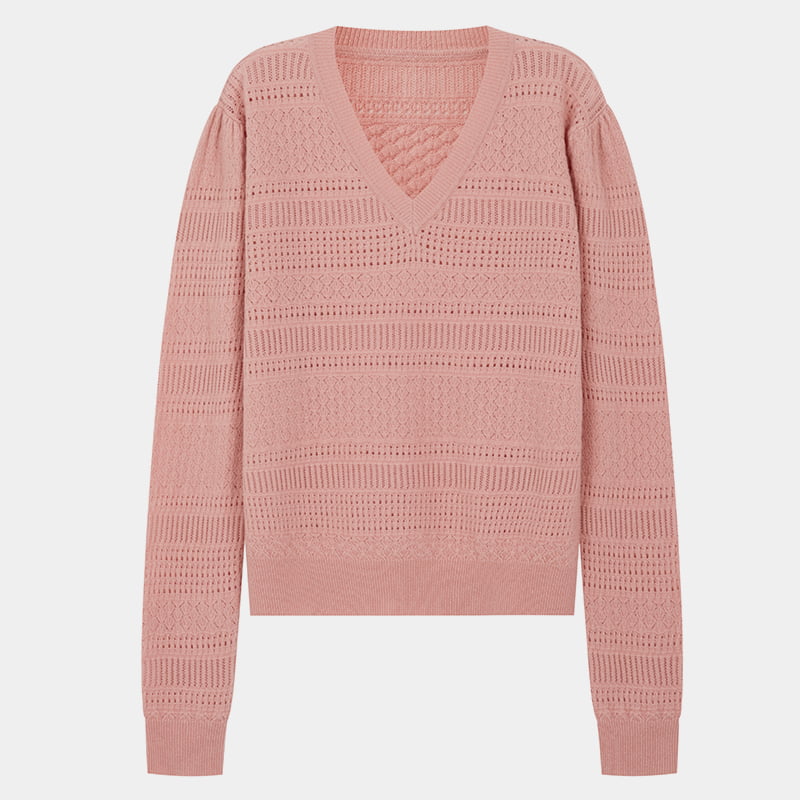 ML2202 Läder Rosa Ihålig Tunn V-ringad stickad tröja