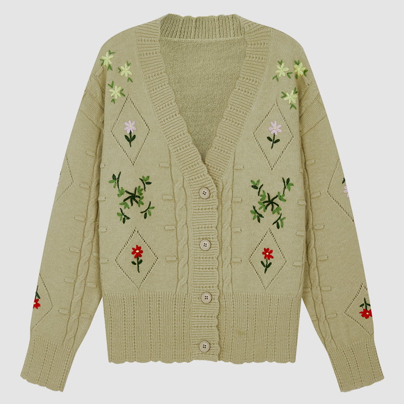 ML2213 Retro japansk avokadogrön handgjord stickad koftajacka