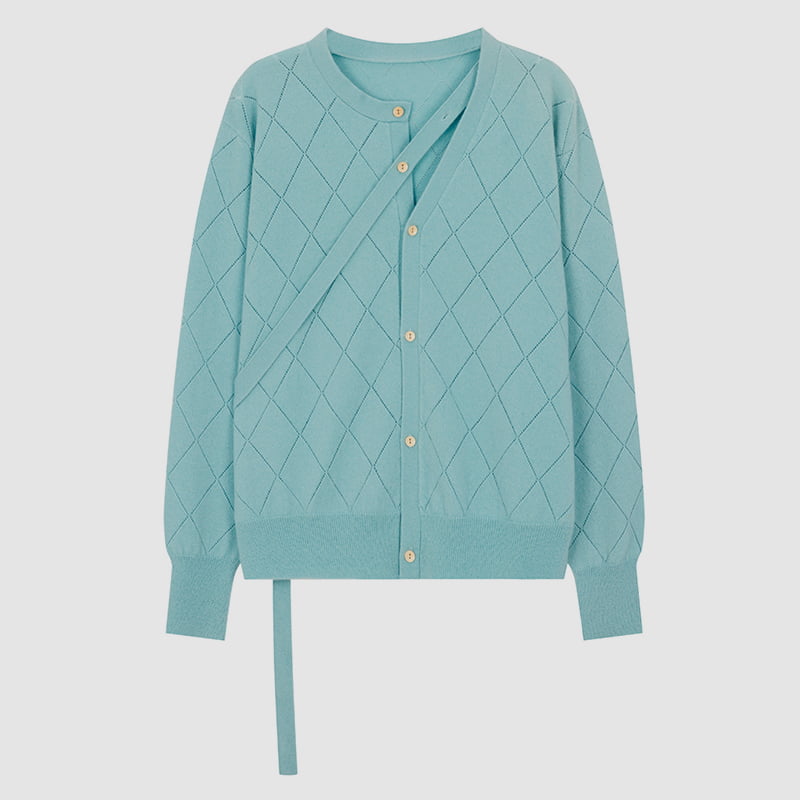 ML2212 Diamond Hollow Neckline Ribbon Design Stickad Cardigan Sweater