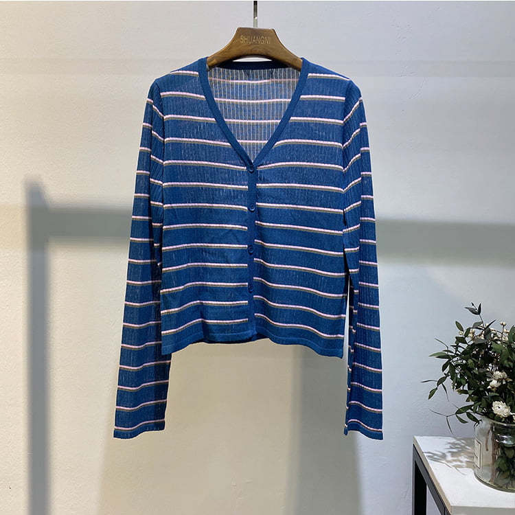 SM-K0001 Sommar Ytterkläder för kvinnor Koreanskt linne Randig Sun Block Stickad Cardigan