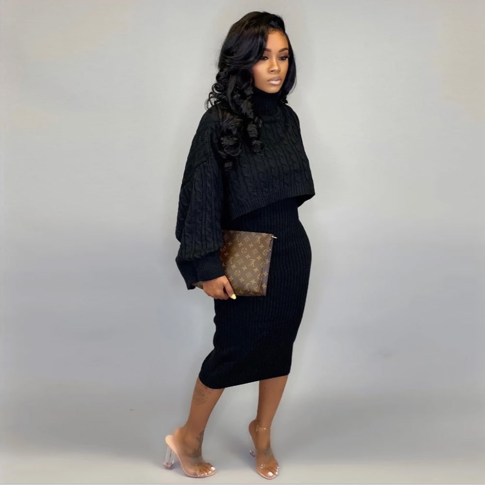 SM-K0091 Kort stickad lång krage fladdermusärm Halter Dress Stickad kostym