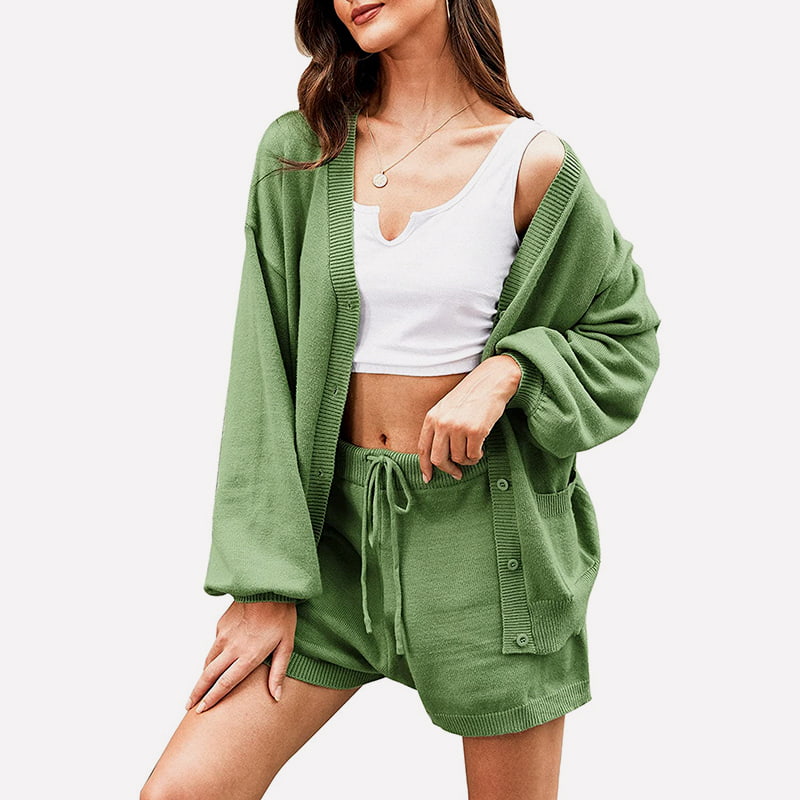 SM-K0092 V-ringad Temperament Lantern Sleeve Shorts Jacka Stickad Kostym