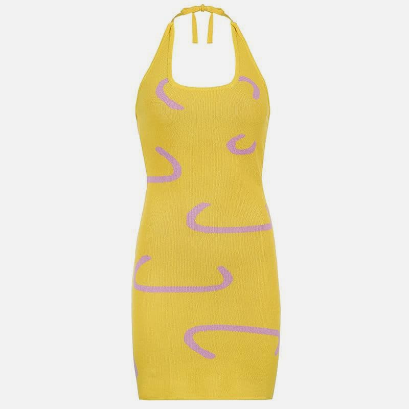 SM-K0087 Färgrandig Jacquard Halter ärmlös kort stickad klänning