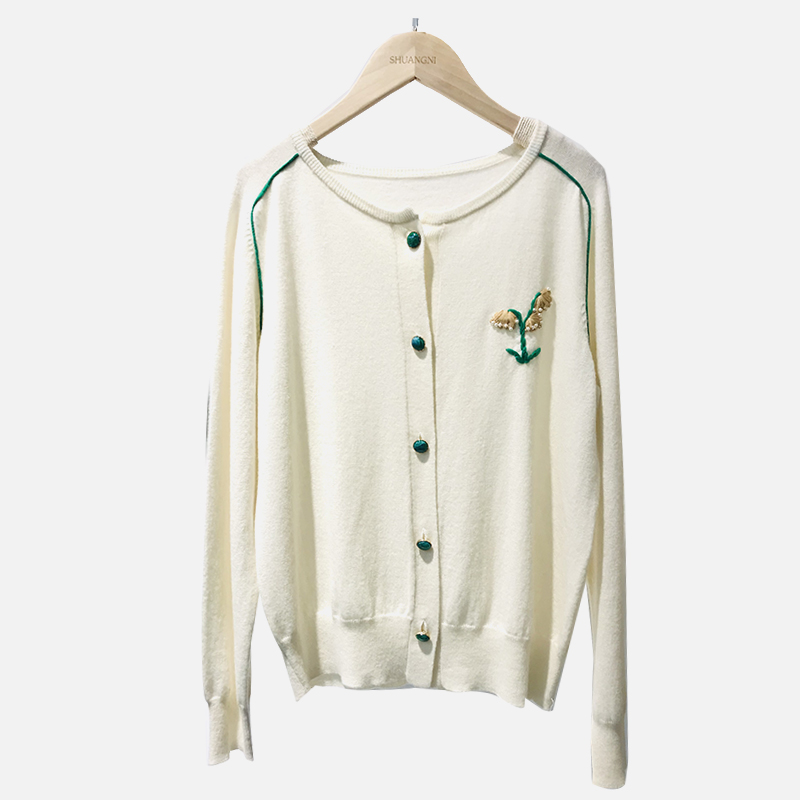 SNS076 Vit lilla gula blommönster College Style Crew Neck Stickad Cardigan